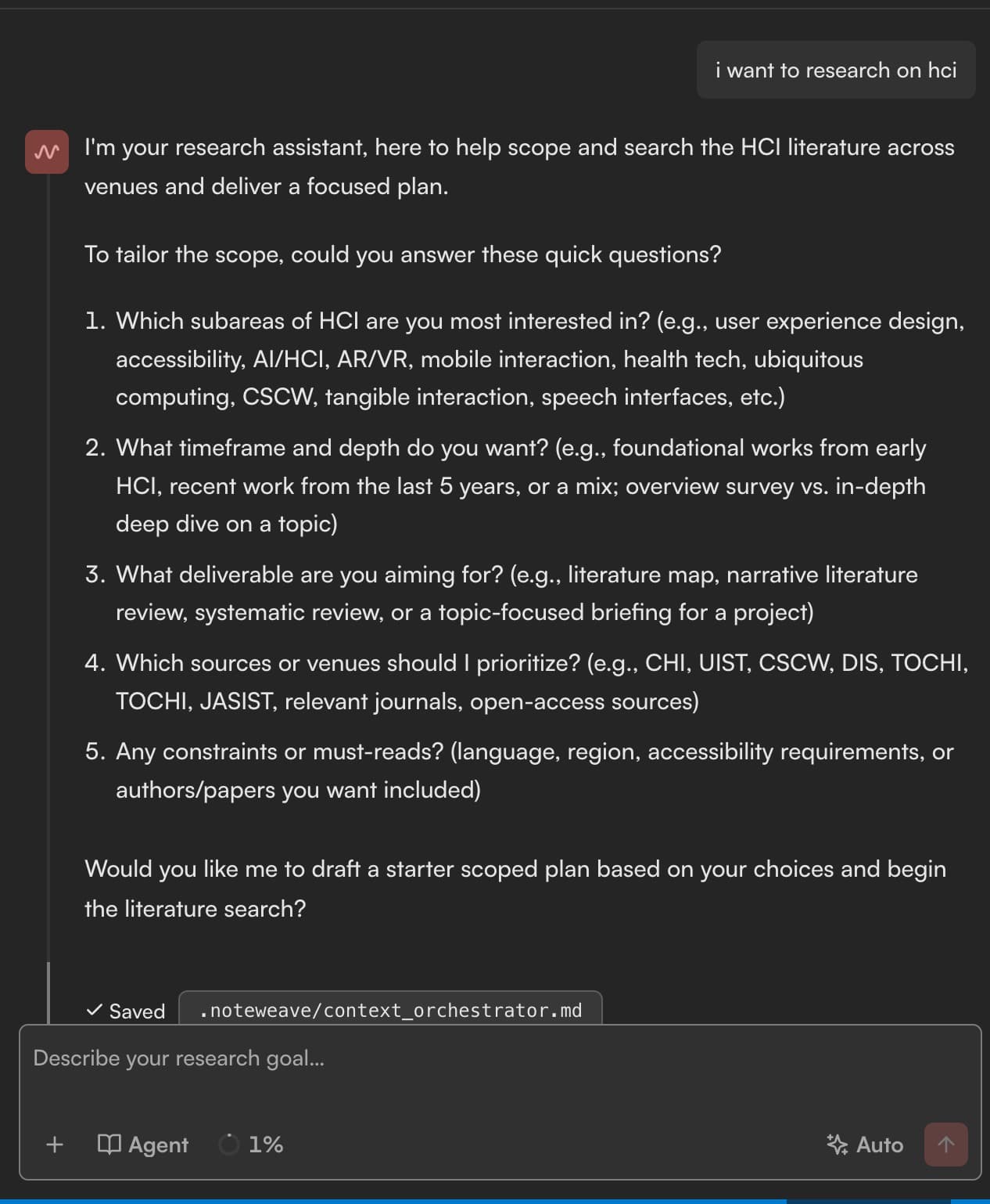 Calmer Noteweave research assistant asking scoped questions inside the IDE