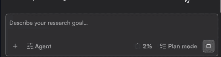 Noteweave chat input with research goal, agent selection, progress, and Plan mode controls