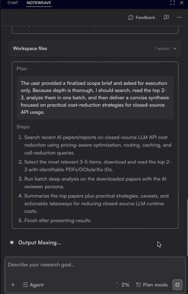 Noteweave showing a detailed research plan for review before execution