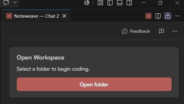 Noteweave recovery state prompting the user to open a workspace folder