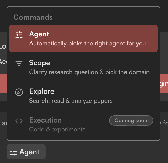 Noteweave agent menu showing Agent, Scope, Explore, and Execution states