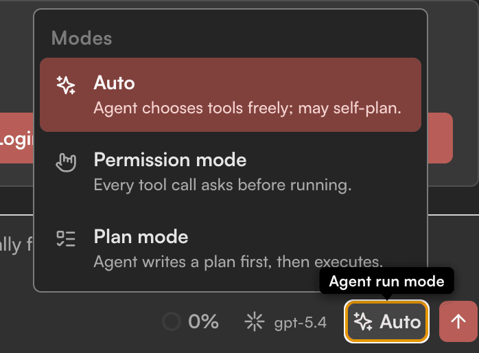 Noteweave menu with explicit Auto, Permission, and Plan modes