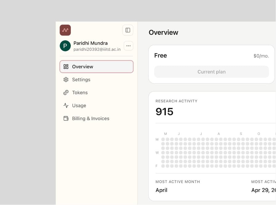 Signed-in Noteweave account overview with settings, tokens, usage, and billing navigation