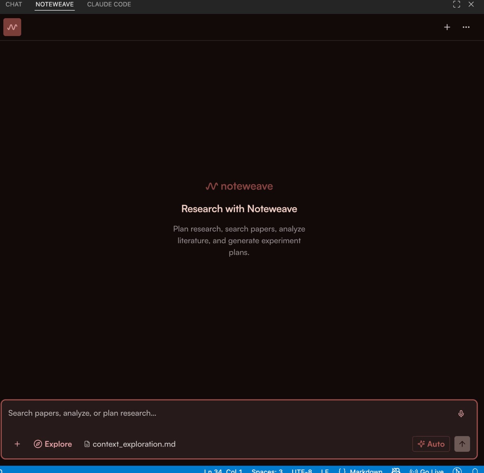 Noteweave extension showing a focused research interface inside an IDE
