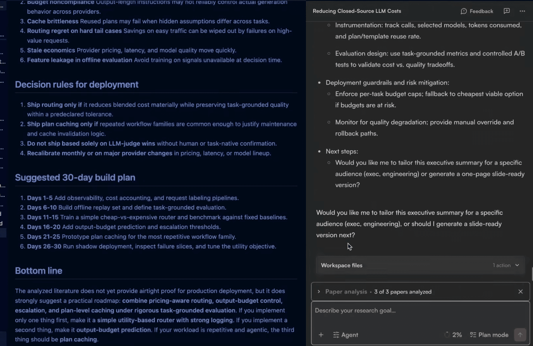 Noteweave workspace showing a detailed research output beside its chat summary