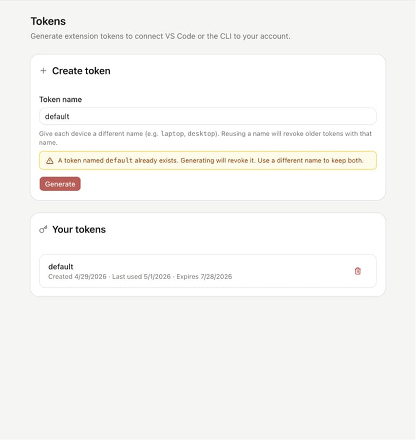 Noteweave interface for generating and managing extension tokens