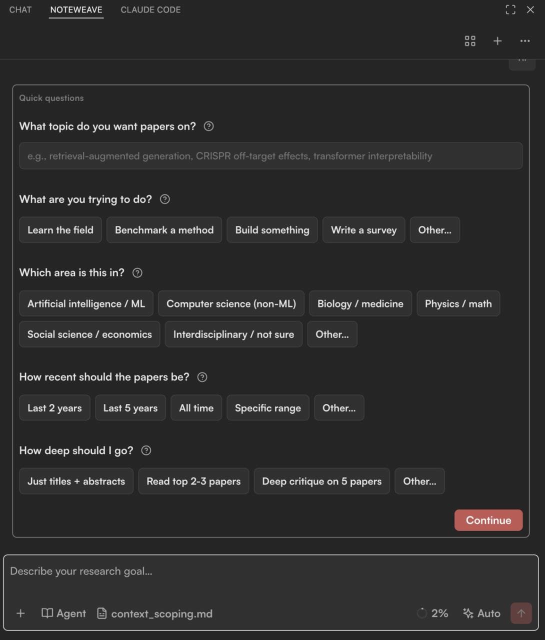 Noteweave context agent asking targeted scoping questions